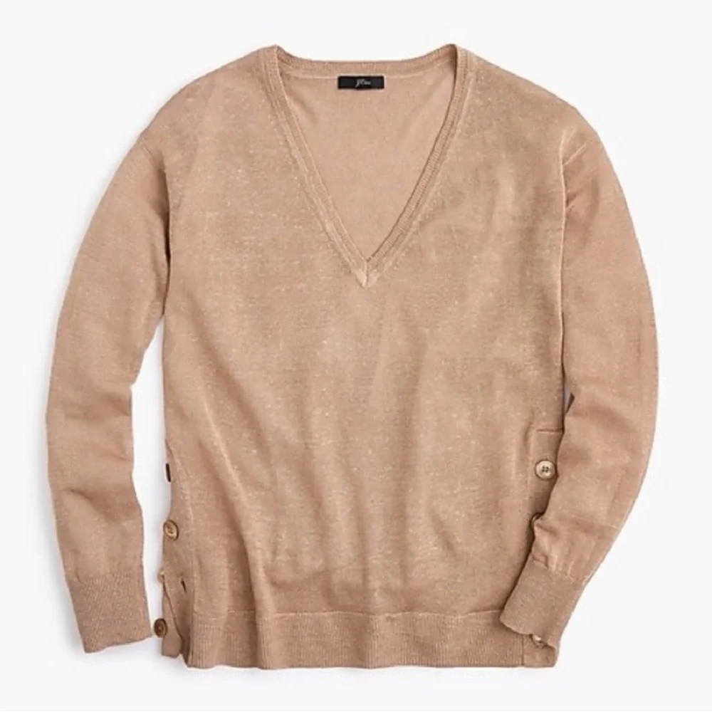 J. Crew Side Button Linen Blend V-Neck Sweater